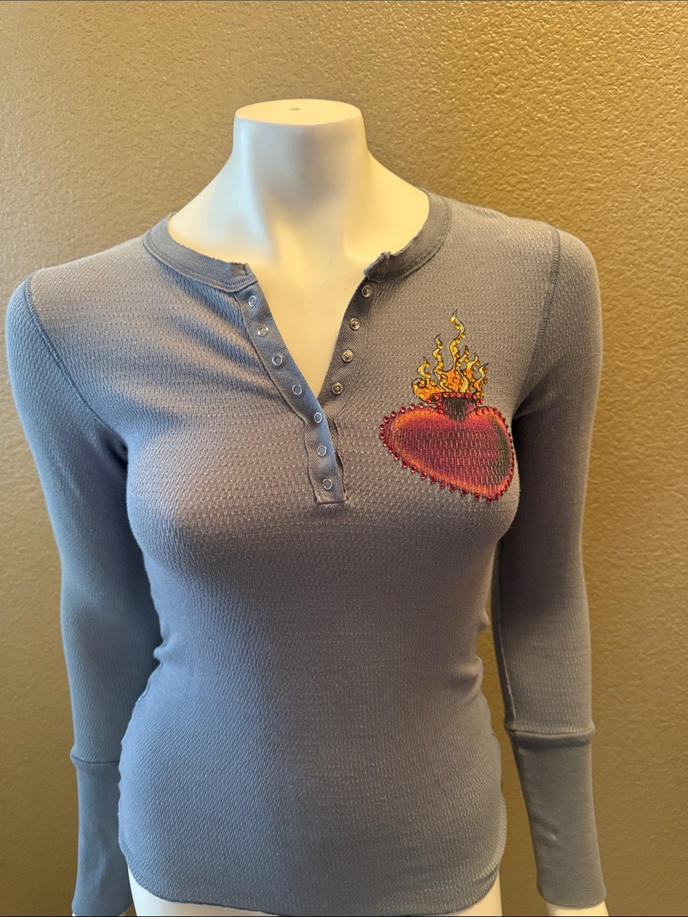 Y2K vintage ANHK Henley Top with Embroidered Flaming Hearts on Fire